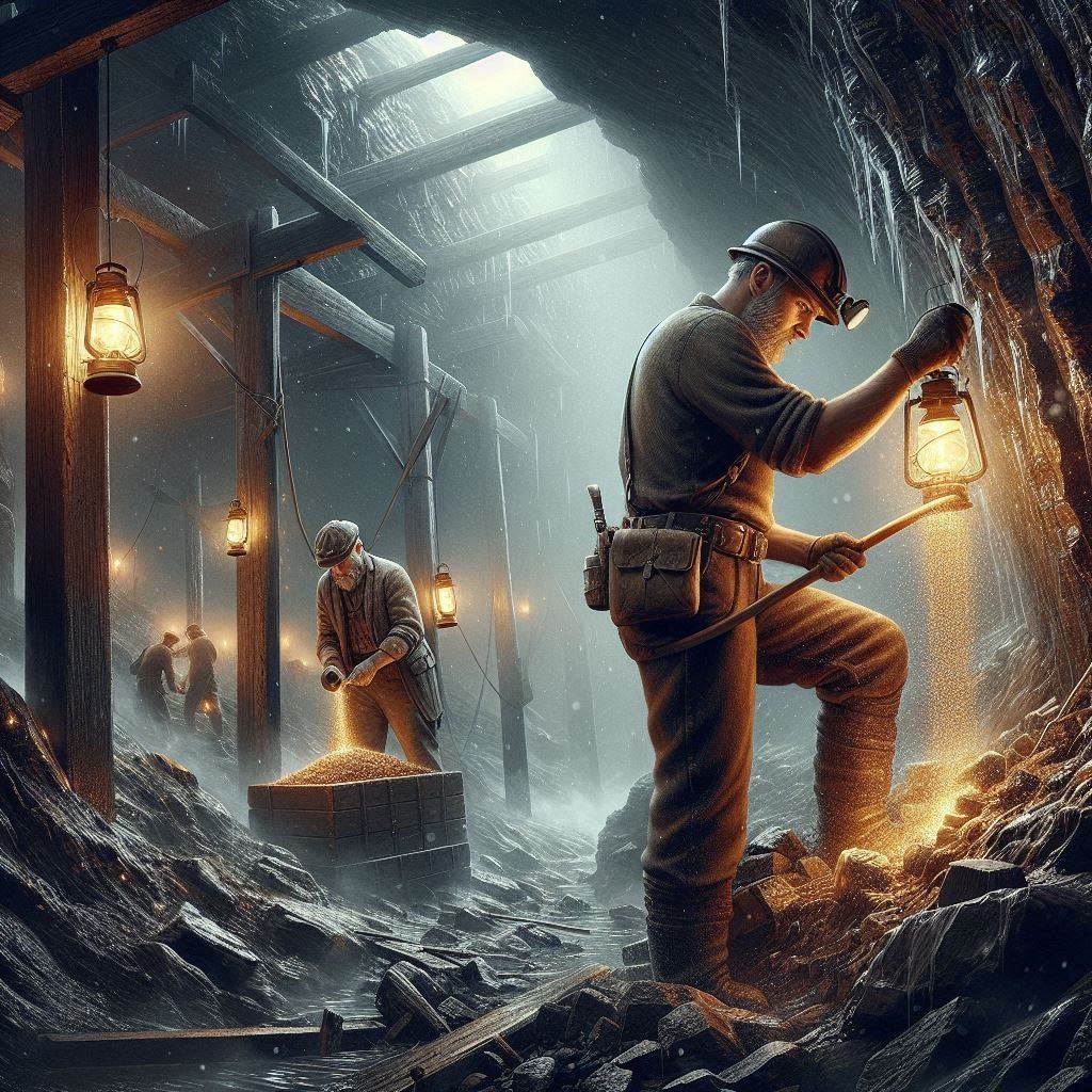 An inspector cleans the teadust off his lamp to inspect a crack in the wall while in the backgroud an experienced miner checks the quality of the latest batch